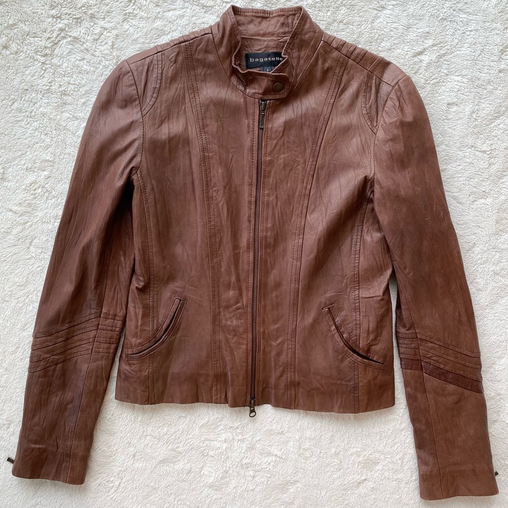 Bagatelle brown lightweight leather moto jacket 8